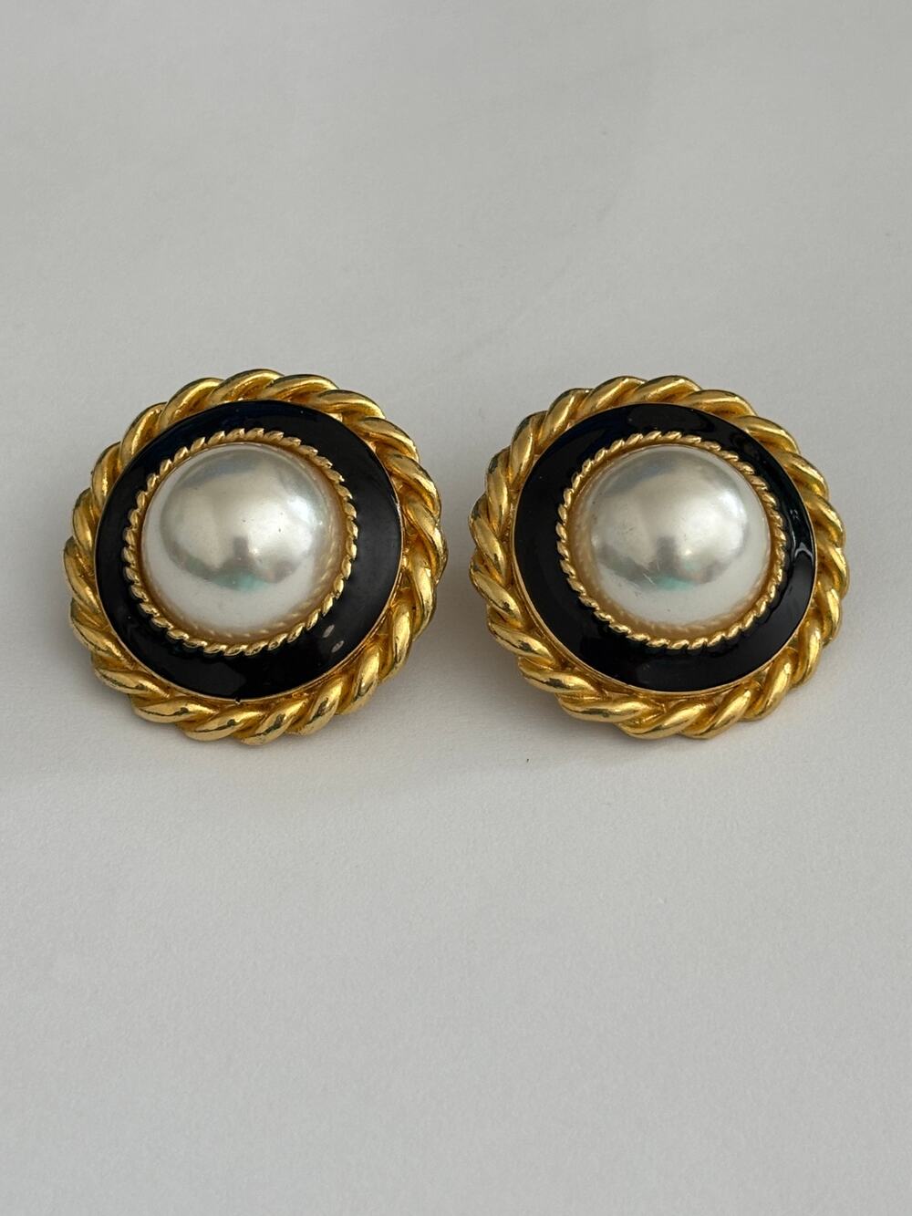 Vintage Gold Tone Statement Stud Earrings Faux Pearls
